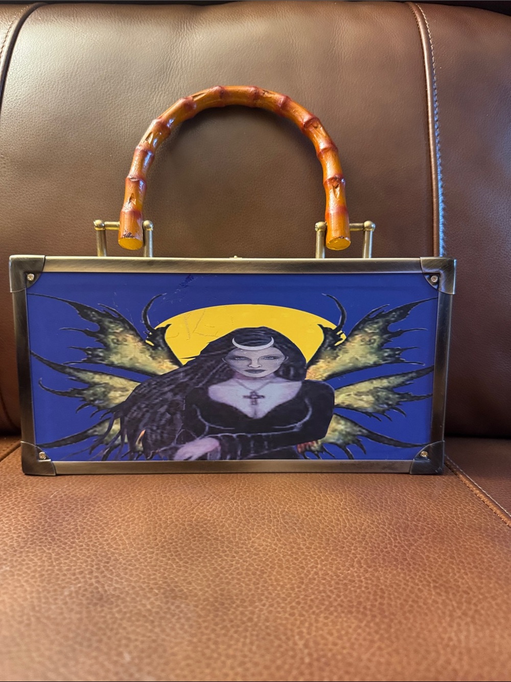 Handcrafted gothic fantasy cigar box handbag with faux bamboo handles